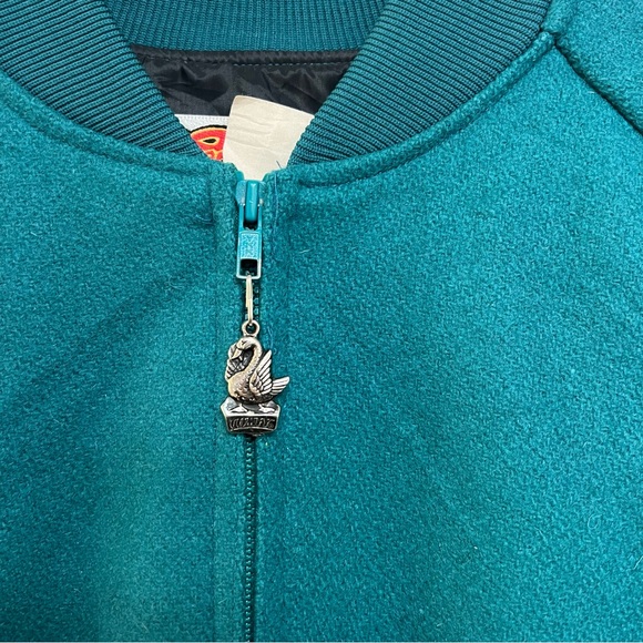 Vintage 1970's Women's Teal Bomber Jacker Wool Varsity Coat Aztec Sleeves US 10 - Picture 4 of 11